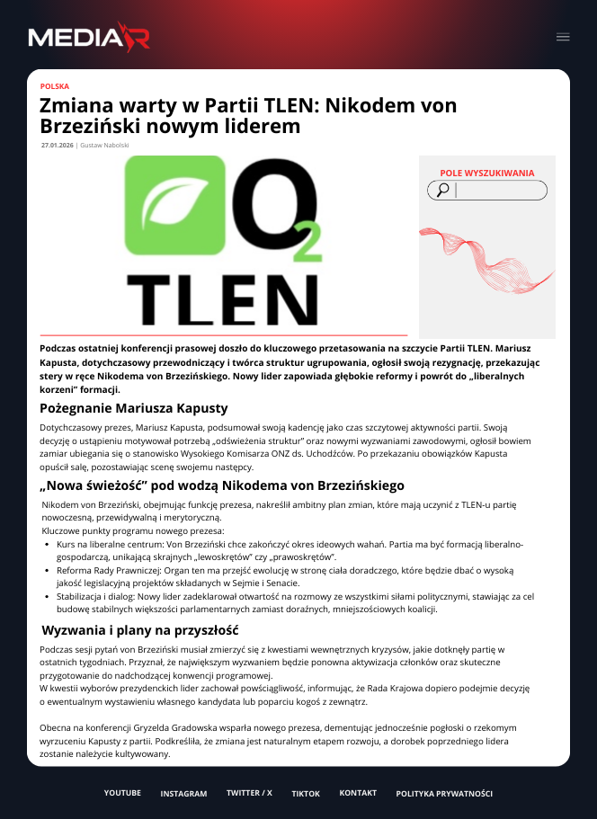 Zmiana warty w Partii TLEN: Nikodem von Brzeziński nowym liderem