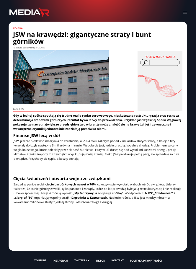 JSW na krawędzi: gigantyczne straty i bunt górników.