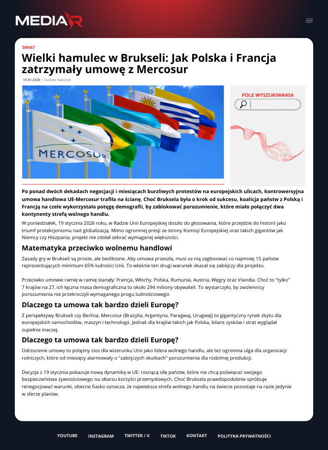 Wielki hamulec w Brukseli: Jak Polska i Francja zatrzymały umowę z Mercosur