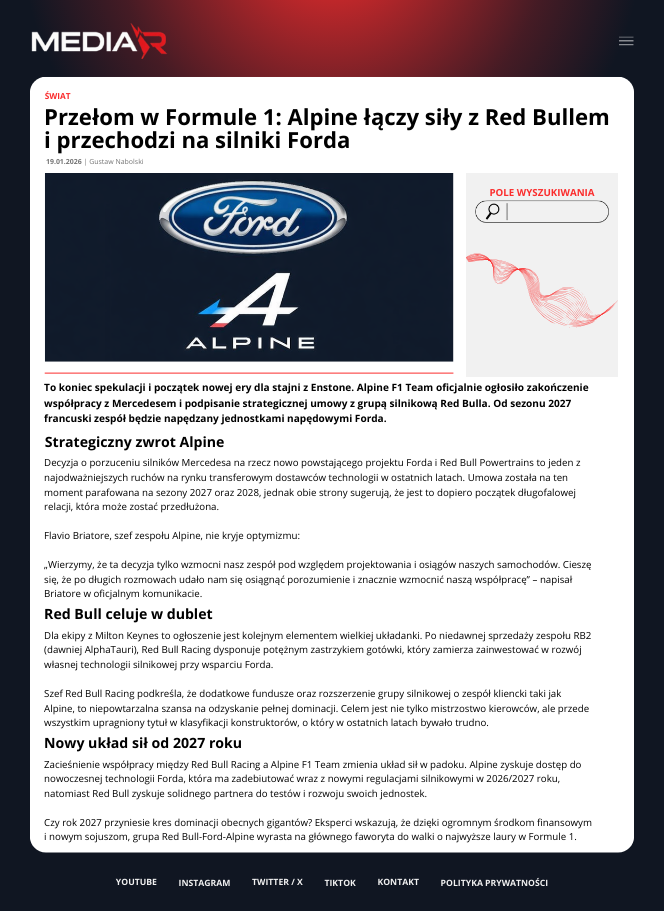 Przełom w Formule 1: Alpine łączy siły z Red Bullem i przechodzi na silniki Forda