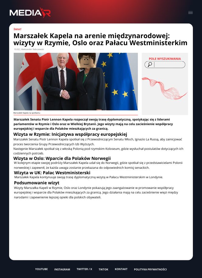 Marszałek Kapela na arenie międzynarodowej: wizyty w Rzymie, Oslo oraz Pałacu Westministerkim