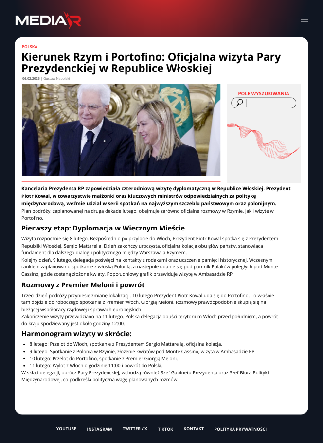 Kierunek Rzym i Portofino: Oficjalna wizyta Pary Prezydenckiej w Republice Włoskiej