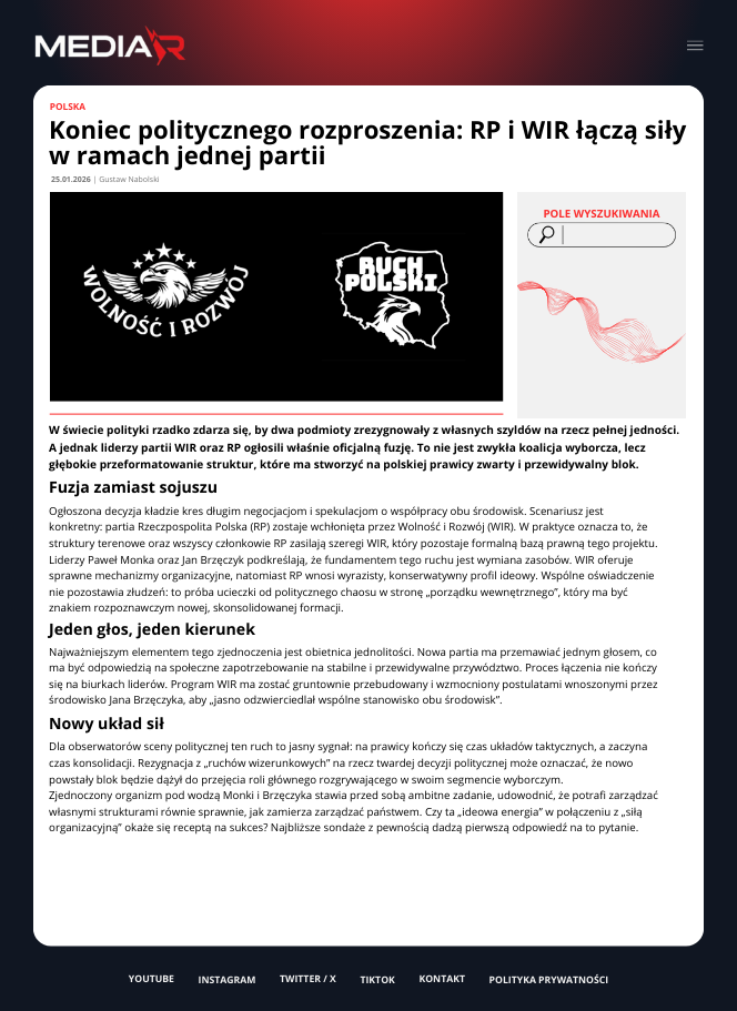 Koniec politycznego rozproszenia: RP i WIR łączą siły w ramach jednej partii