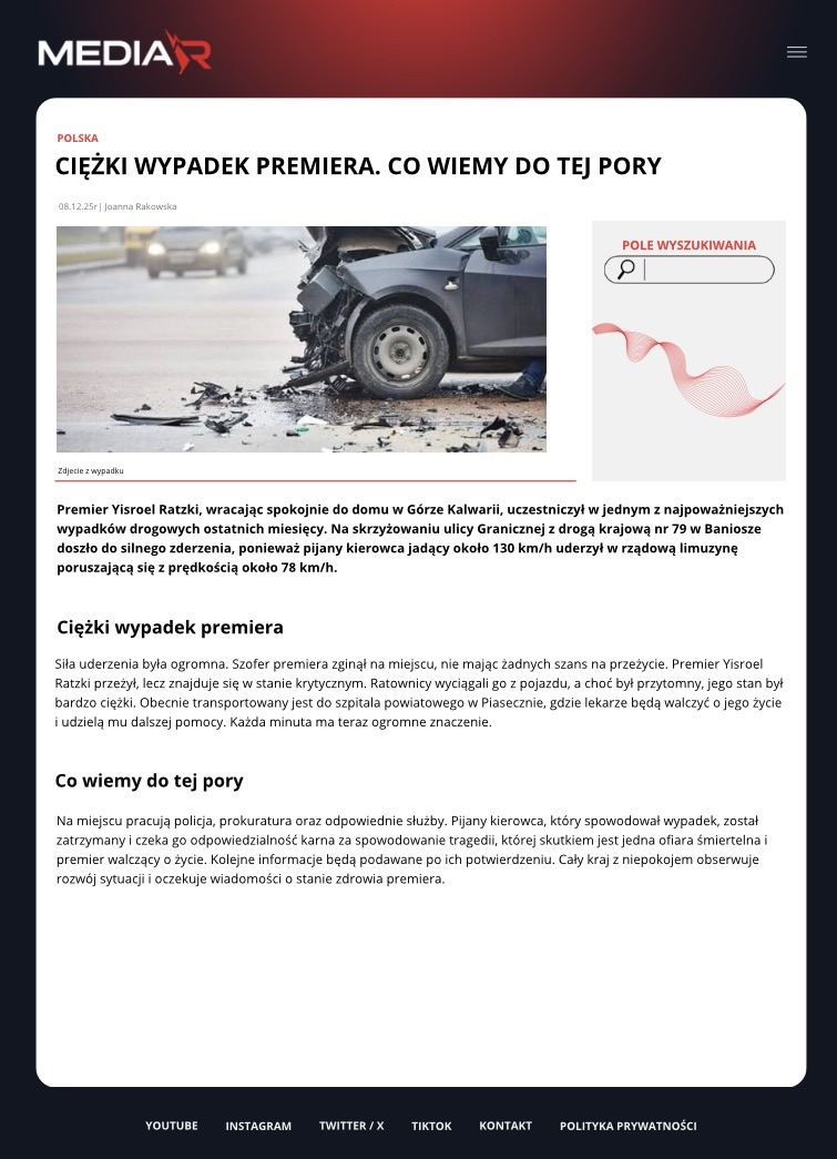 Ciężki wypadek Premiera. Co wiemy do tej pory?