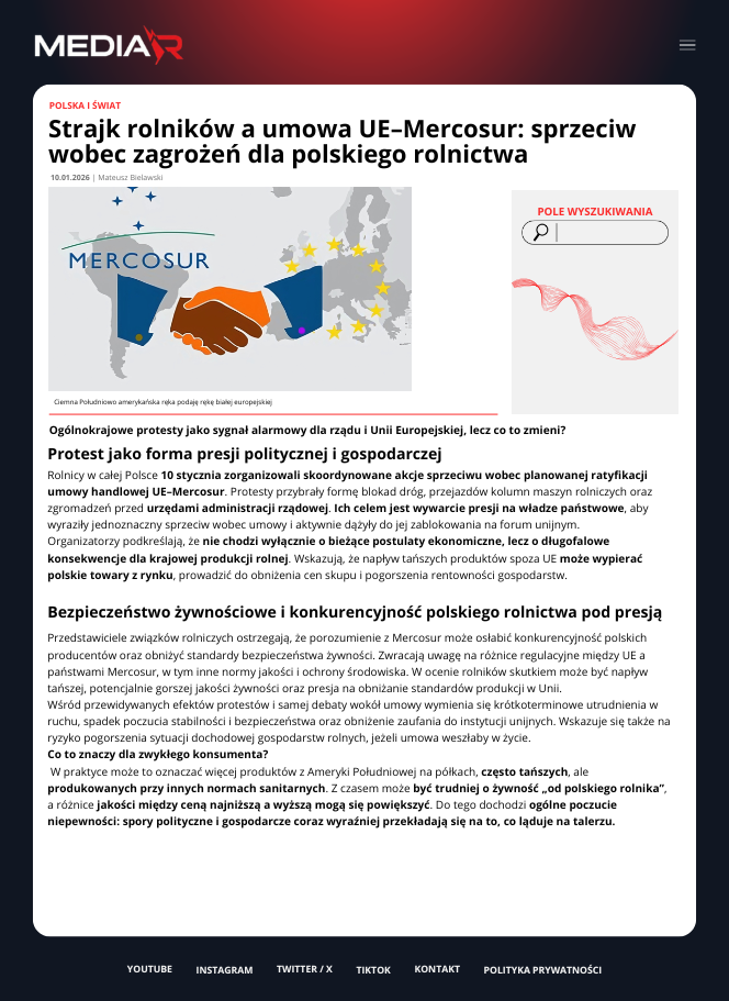 Strajk rolników a umowa UE-Mercosur: sprzeciw wobec zagrożeń dla polskiego rolnictwa