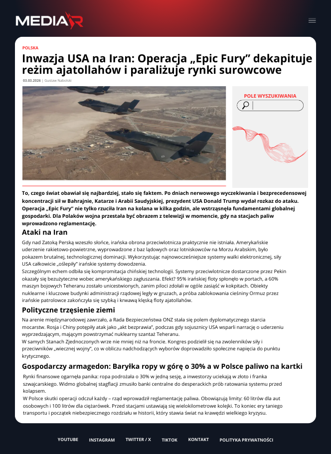 Inwazja USA na Iran: Operacja „Epic Fury” dekapituje reżim ajatollahów i paraliżuje rynki surowcowe