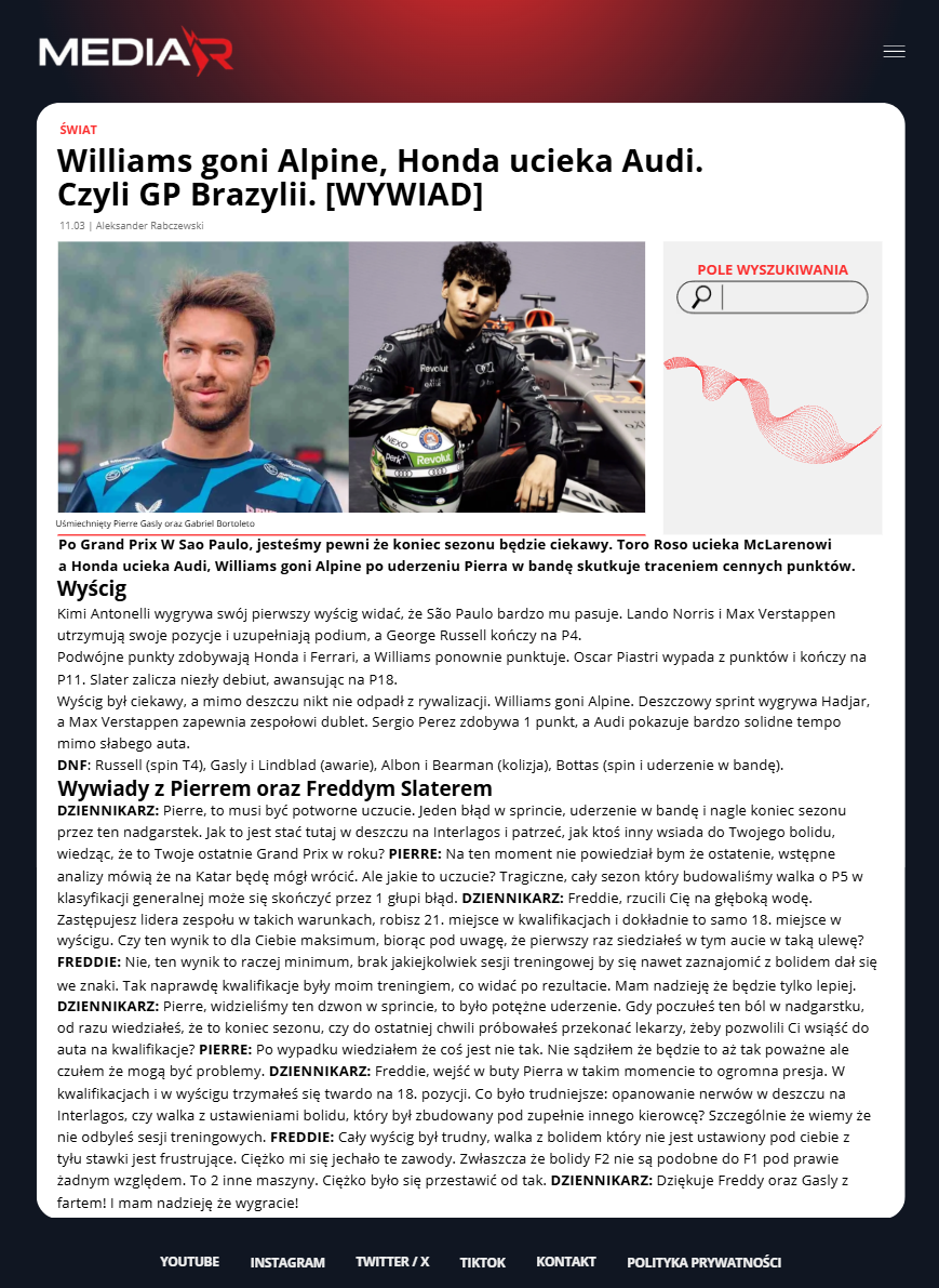 Williams goni Alpine, Honda ucieka Audi. Czyli GP Brazylii. [WYWIAD]