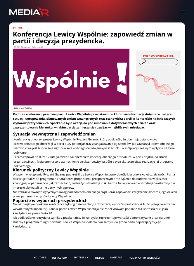 Konferencja Lewicy Wspólnie: zapowiedź zmian w partii i decyzja prezydencka.
