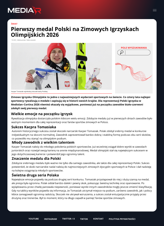 Pierwszy medal Polski na Zimowych Igrzyskach Olimpijskich 2026