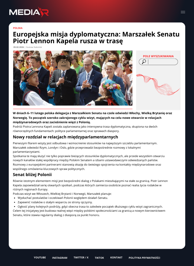 Europejska misja dyplomatyczna: Marszałek Senatu Piotr Lennon Kapela rusza w trasę