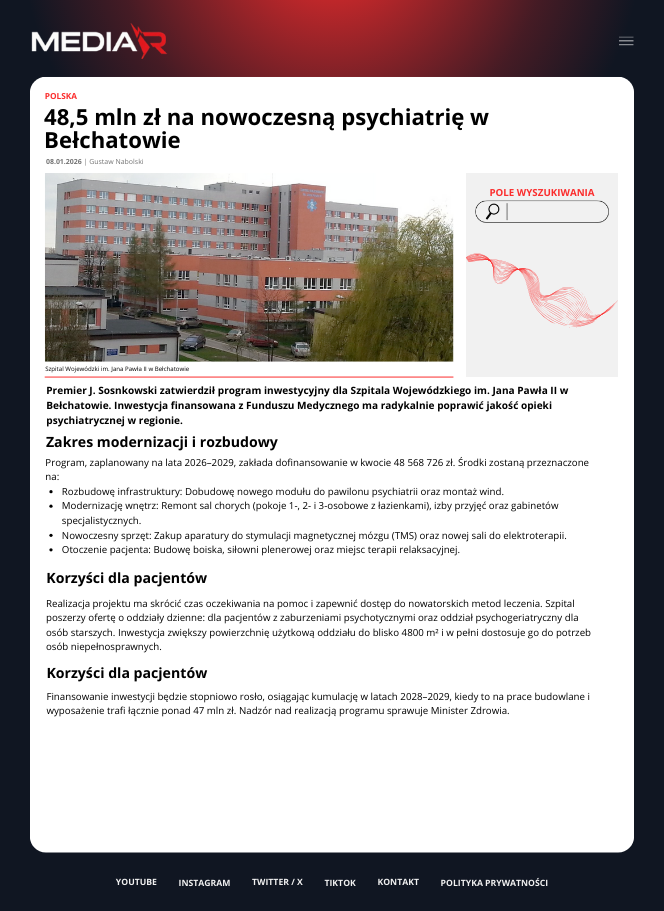 48,5 mln zł na nowoczesną psychiatrię w Bełchatowie