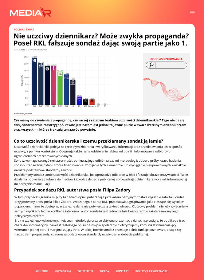 Nie uczciwy dziennikarz? Może zwykła propaganda? Poseł RKL fałszuje sondaż dając swoją partie jako 1.