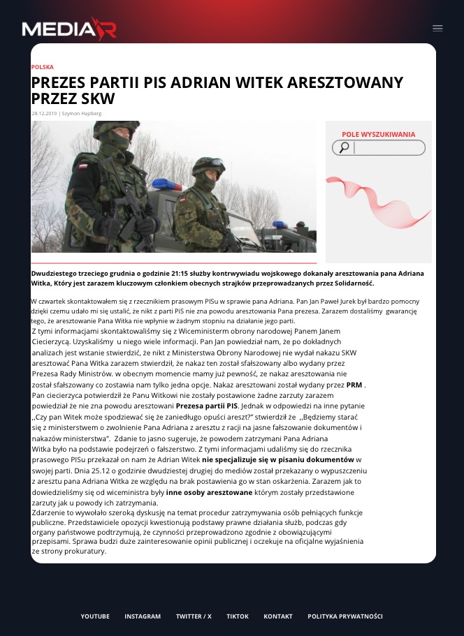 Prezes partii PiS Adrian Witek aresztowany przez SKW