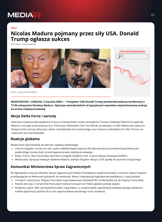 Nicolas Maduro pojmany przez siły USA. Donald Trump ogłasza sukces